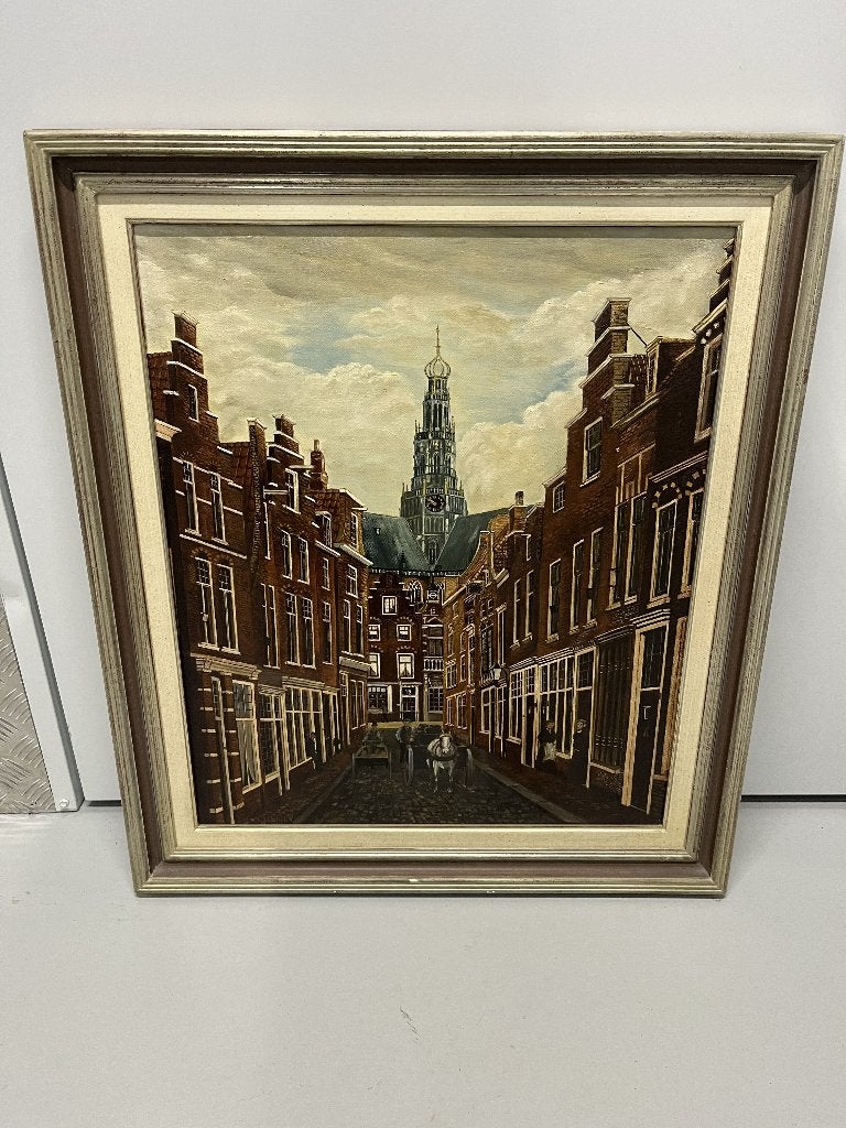 Stadsgezicht in olieverf, Ophalen, Doek, Bijzondere lijst, Olieverf
