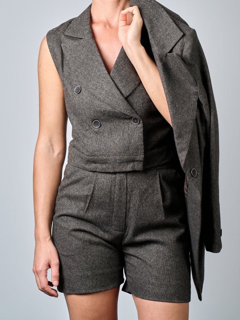 Wol Tweed Pak Set Bruin-Grijs Blazer Vest Rok Shorts M nieuw, Maat 38/40 (M), Kostuum of Pak, Overige kleuren, Nieuw