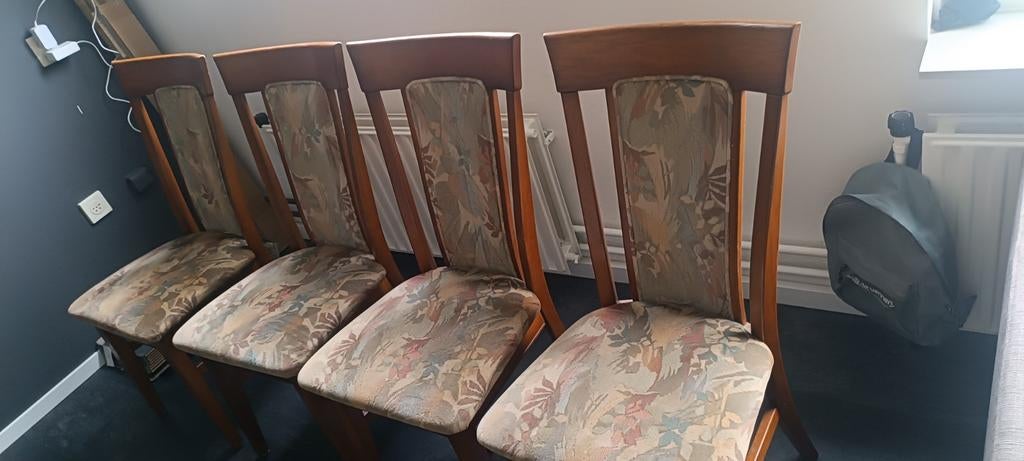 Set van 4 houten stoelen met bloemenprint bekleding, Gebruikt, Overige kleuren, Klassiek, Ophalen of Verzenden