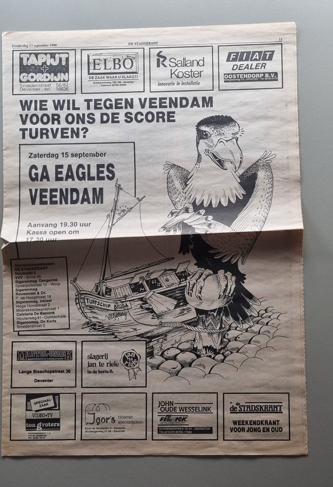 Krantenpagina GA Eagles - Veendam (1990), Verzamelen, Ophalen of Verzenden, Zo goed als nieuw, Overige binnenlandse clubs, Overige typen