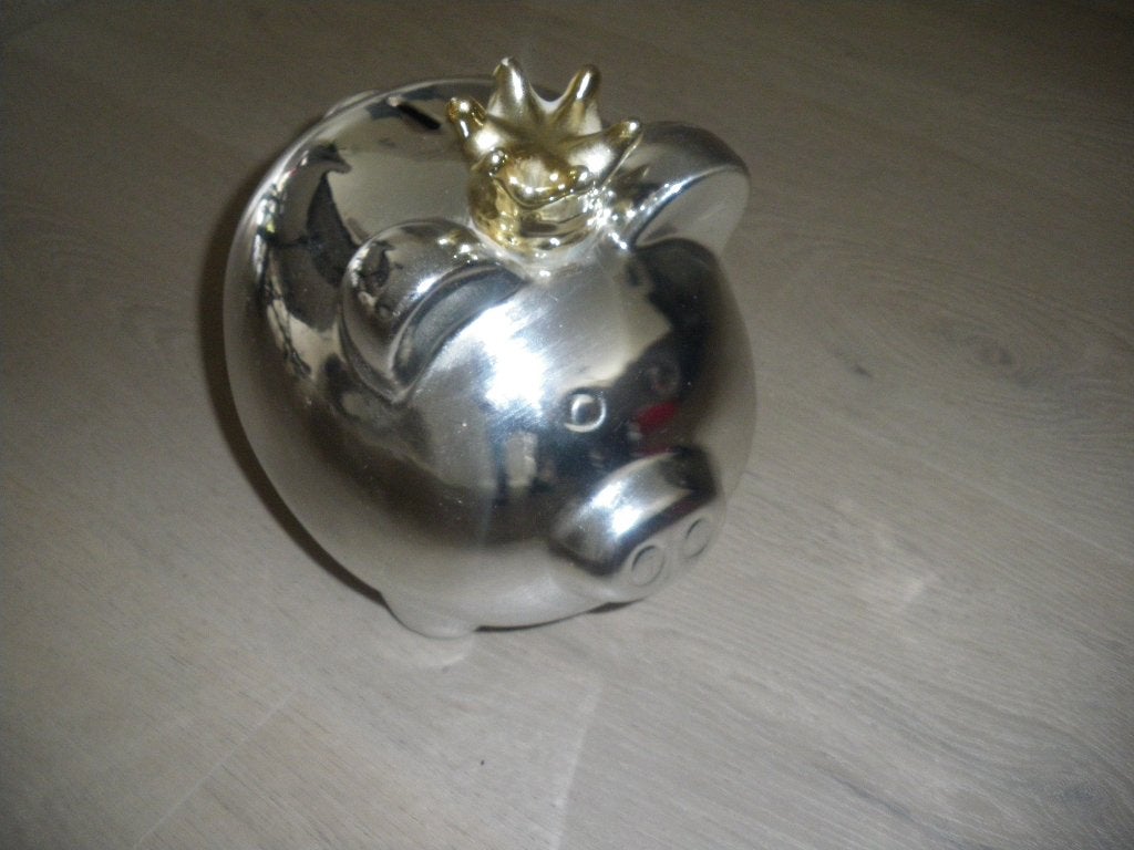 nieuw mooie zilver kleurige varkens spaarpot gouden kroontje, Ophalen of Verzenden, Nieuw