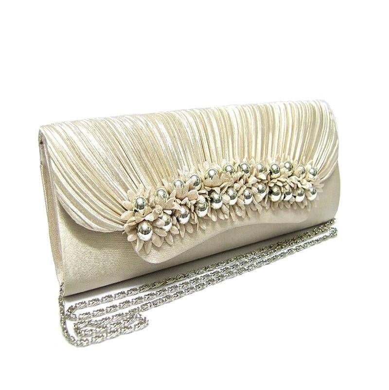 Avondtasje in champagne kleur met zilveren pareltjes., Ophalen of Verzenden, Zo goed als nieuw, Overige kleuren, Avondtasje