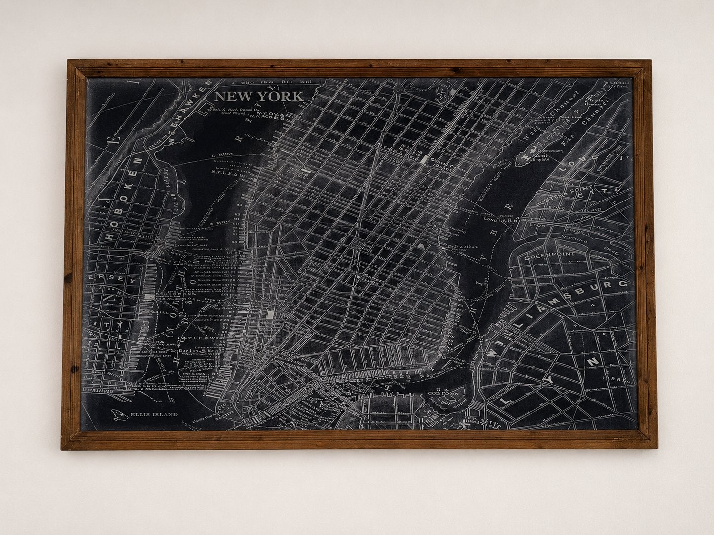 Grote New York stadskaart op hout 122x79 cm – wanddecoratie, Zwart, Decoratieobject, Ophalen of Verzenden, 122 cm