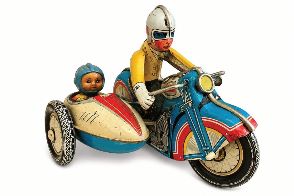 Vintage blikken motor met zijspan - opwindbaar, werkend, Ophalen