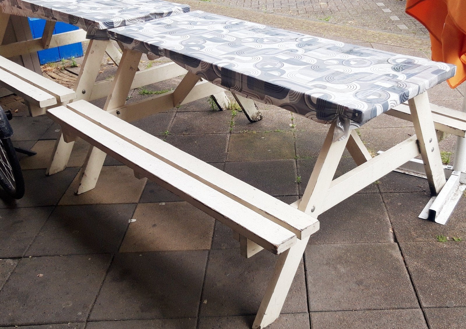 2 Houten picknicktafels met bankjes €15 p/s, Ophalen, Gebruikt, Rechthoekig, Hout