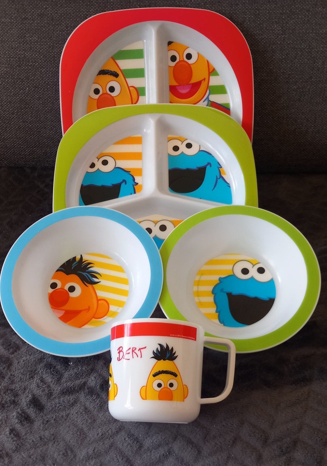 Eet servies kind Sesamstraat 5 dlg Bert  Ernie Koekiemonster, Ophalen of Verzenden, Zo goed als nieuw, Overige typen, Overige merken