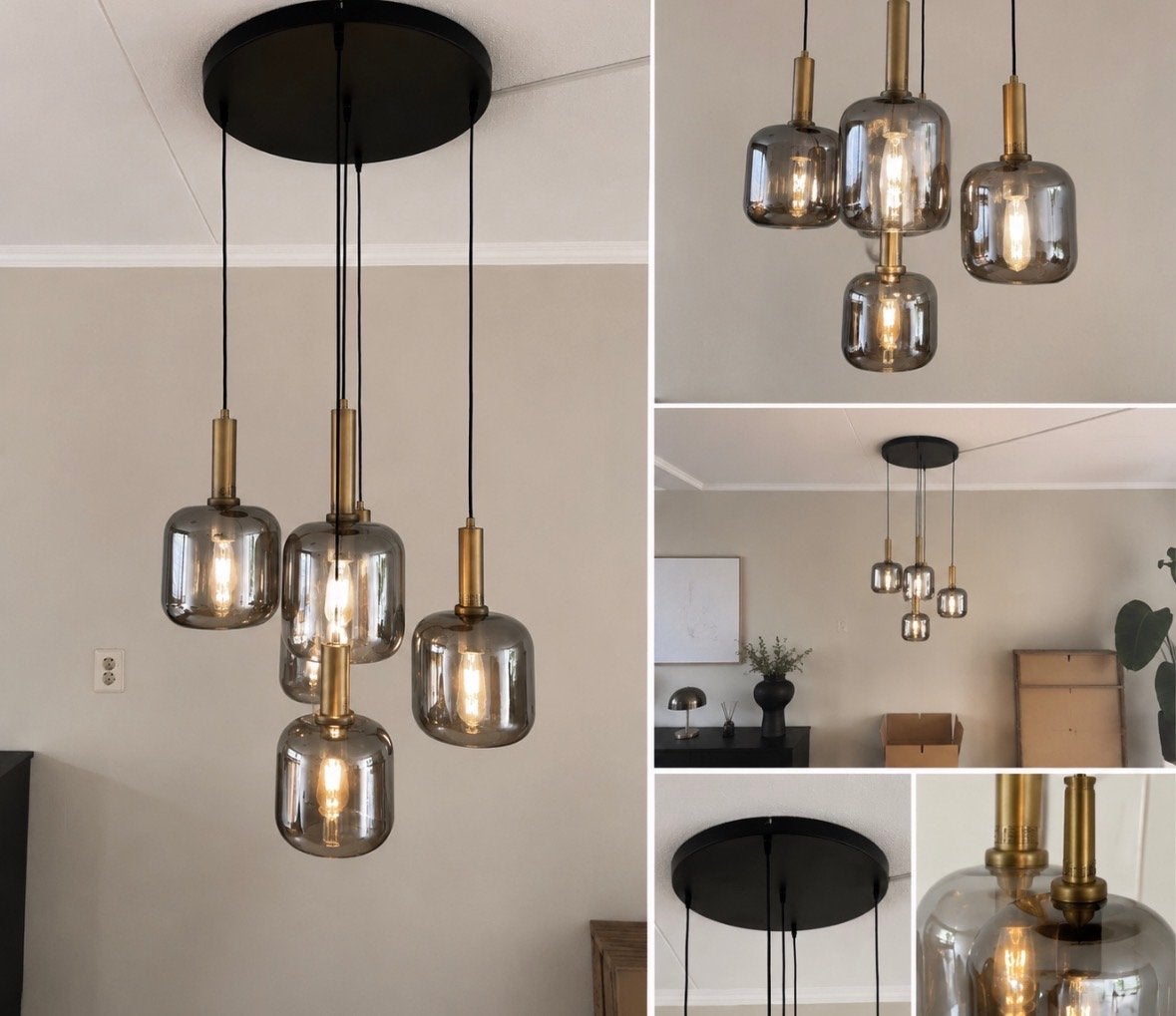 Moderne hanglamp met 5 glazen kappen - Rookglas en goud, Ophalen, Zo goed als nieuw, Glas
