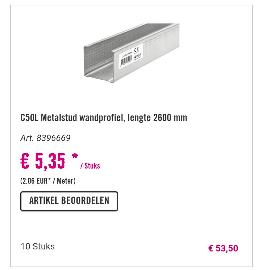C50L Metalstud wandprofiel, lengte 2600 mm, 2 stuks, Ophalen