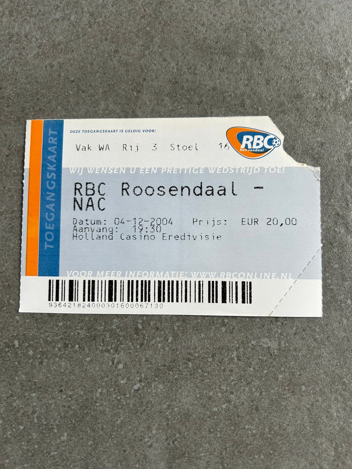 RBC - NAC ticket, Verzamelen, Sportartikelen en Voetbal, Ophalen of Verzenden, NAC Breda, Overige typen