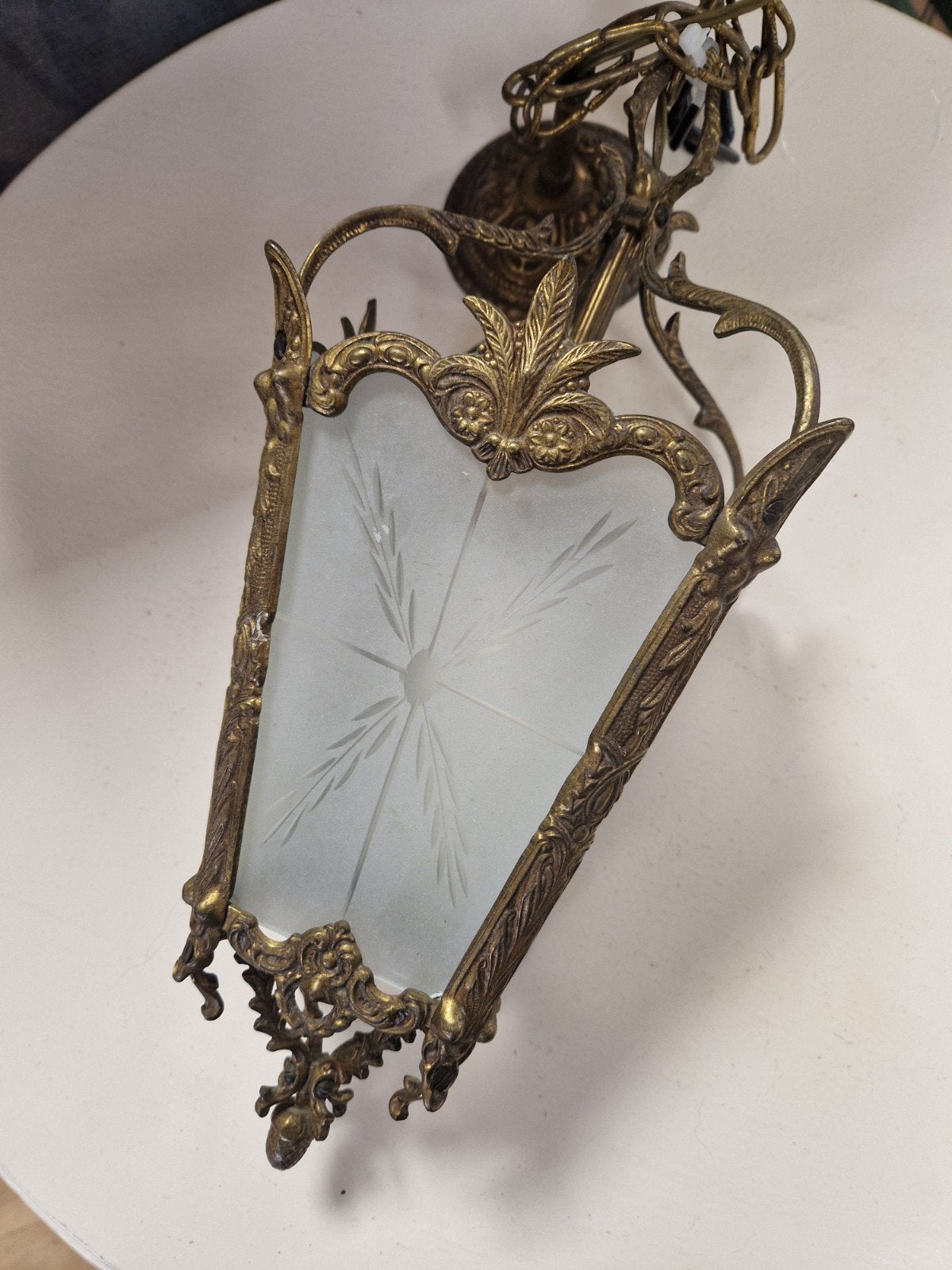 Antieke Franse hallamp met geëtst glas, Ophalen of Verzenden