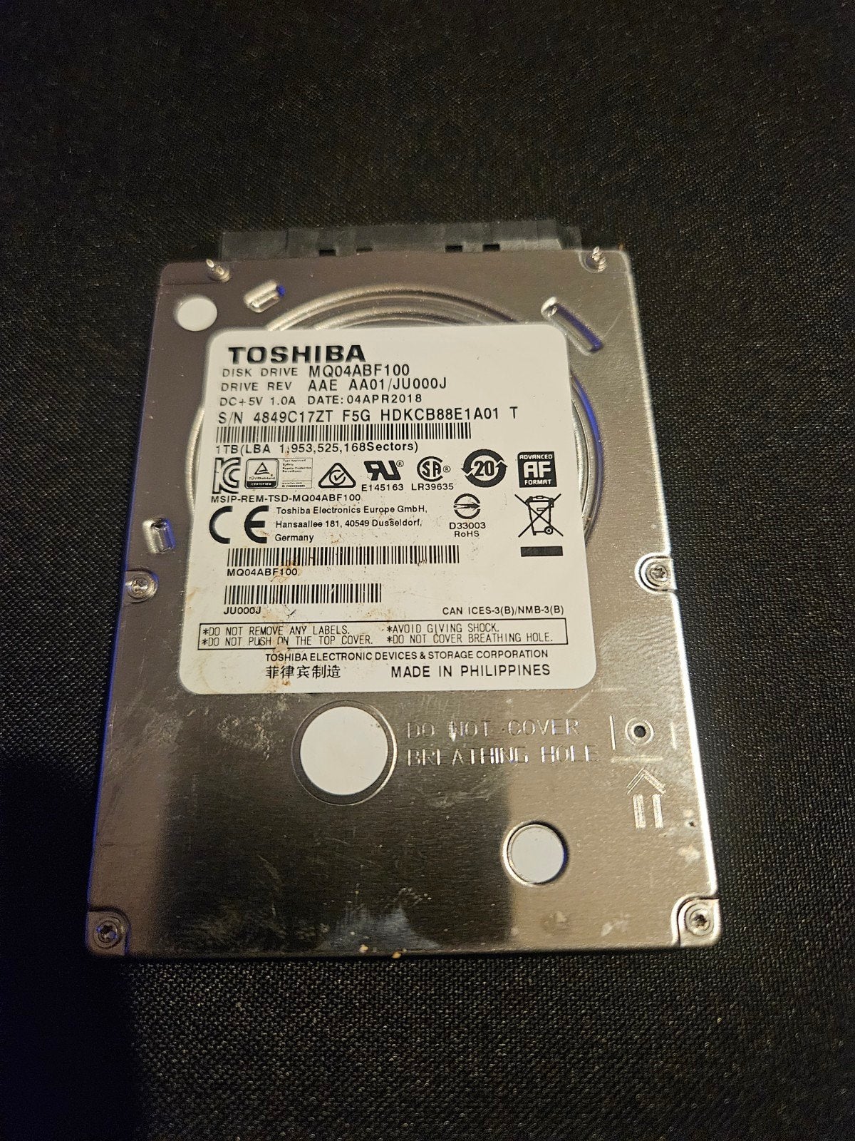 Toshiba MQ04ABF100 1TB HDD - Goede staat, Intern, Toshiba, Ophalen of Verzenden, Zo goed als nieuw
