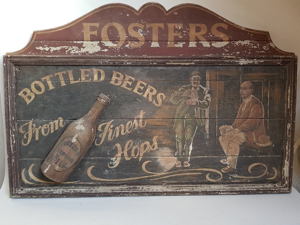 oud houten pub bord foster's bottled beers, Ophalen, Gebruikt, Hout, Reclamebord