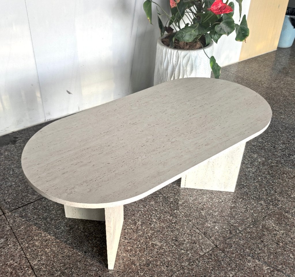 Home Heaven Salontafel ovaal wit travertin 100x50cm, Huis en Inrichting, Tafels | Salontafels, 100 tot 150 cm, Zo goed als nieuw