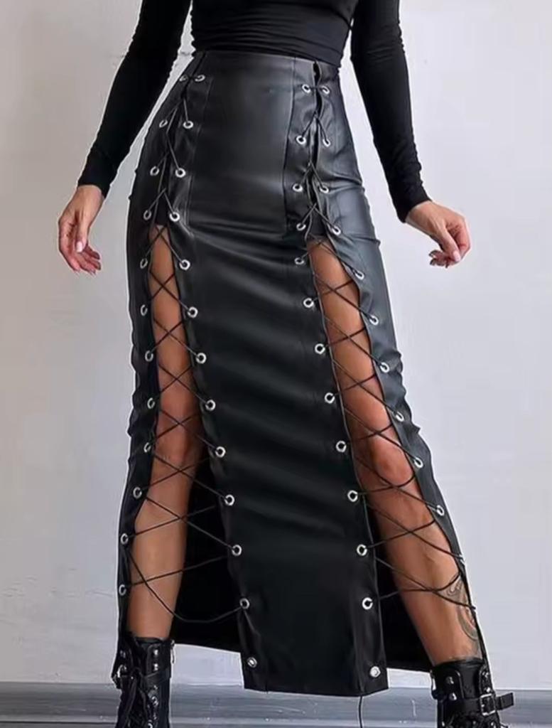 Prachtige Leren Rok met Koord, tm XL, Verzenden, Nieuw, Zwart, Onder de knie