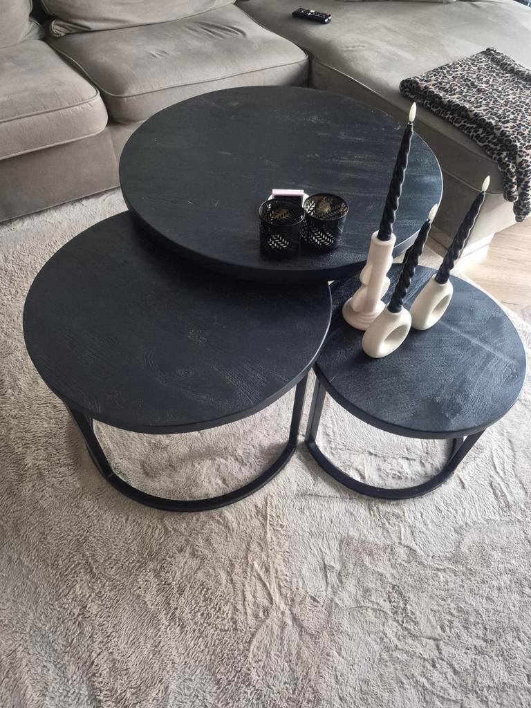 3 delig zwarte mango salon tafels, Huis en Inrichting, Tafels | Salontafels, Ophalen, 50 tot 100 cm, Rond, 50 tot 100 cm