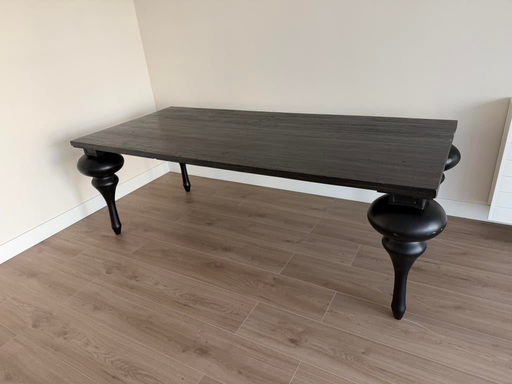 Franse mango houten zwarte gebeitste eettafel, Ophalen, 200 cm of meer, 50 tot 100 cm, Zo goed als nieuw