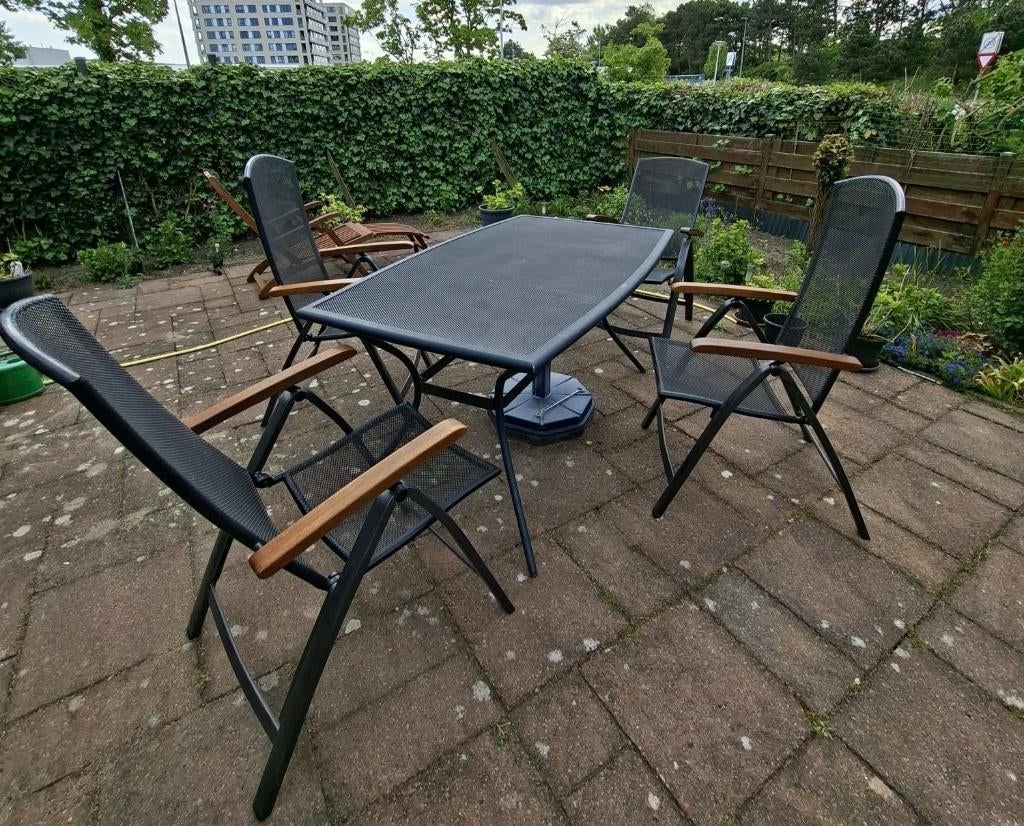 Prachtige Kwaliteits Tuinset  Tafel + 4 Standenstoelen, Tuin en Terras, Ophalen, 4 zitplaatsen, Gebruikt, Aluminium
