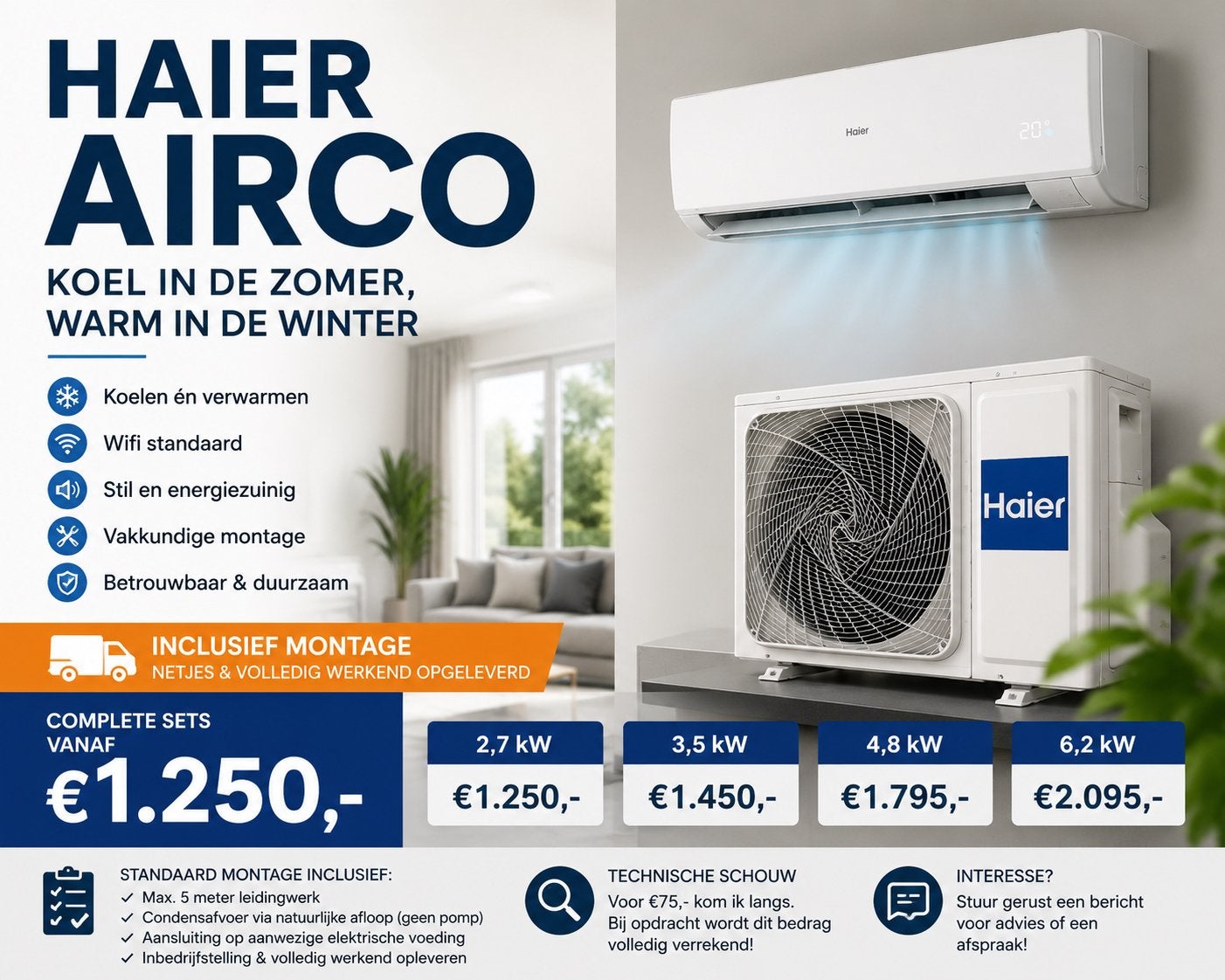Haier Airco incl. Montage | Koelen & Verwarmen v.a. €1.250, Ophalen, Koelen en Ontvochtigen, Timer, Nieuw