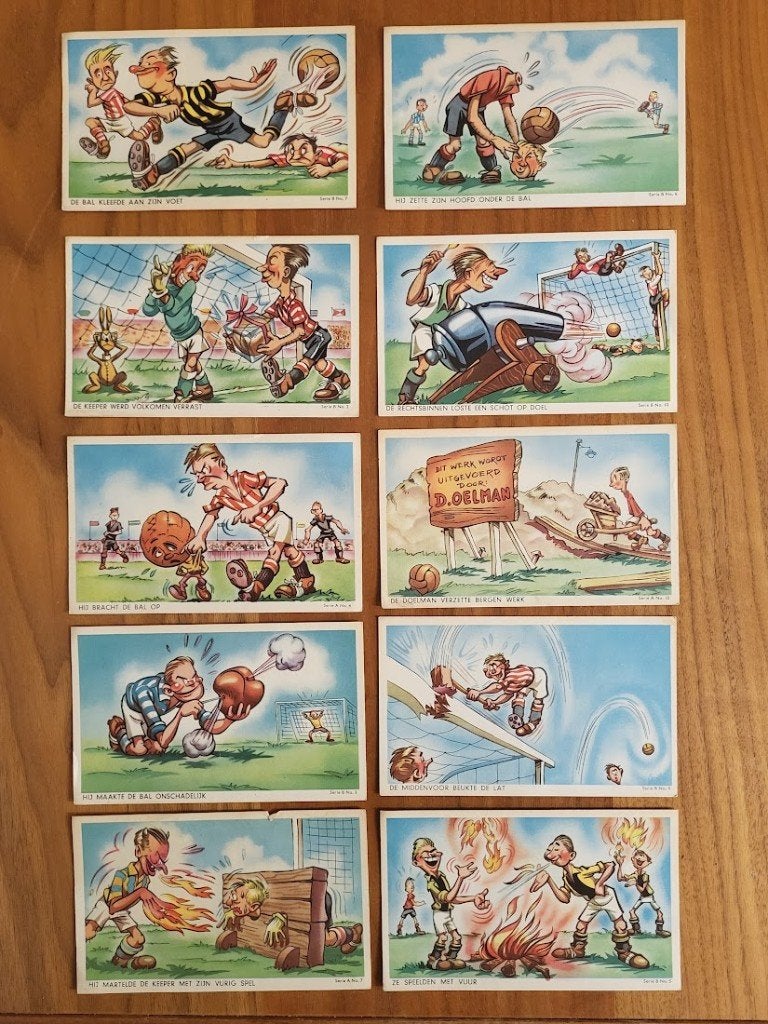 10 ansichtkaarten Voetbal Humor Fifties, Verzamelen, Verzenden, 1940 tot 1960, Ongelopen, Sport en Spel