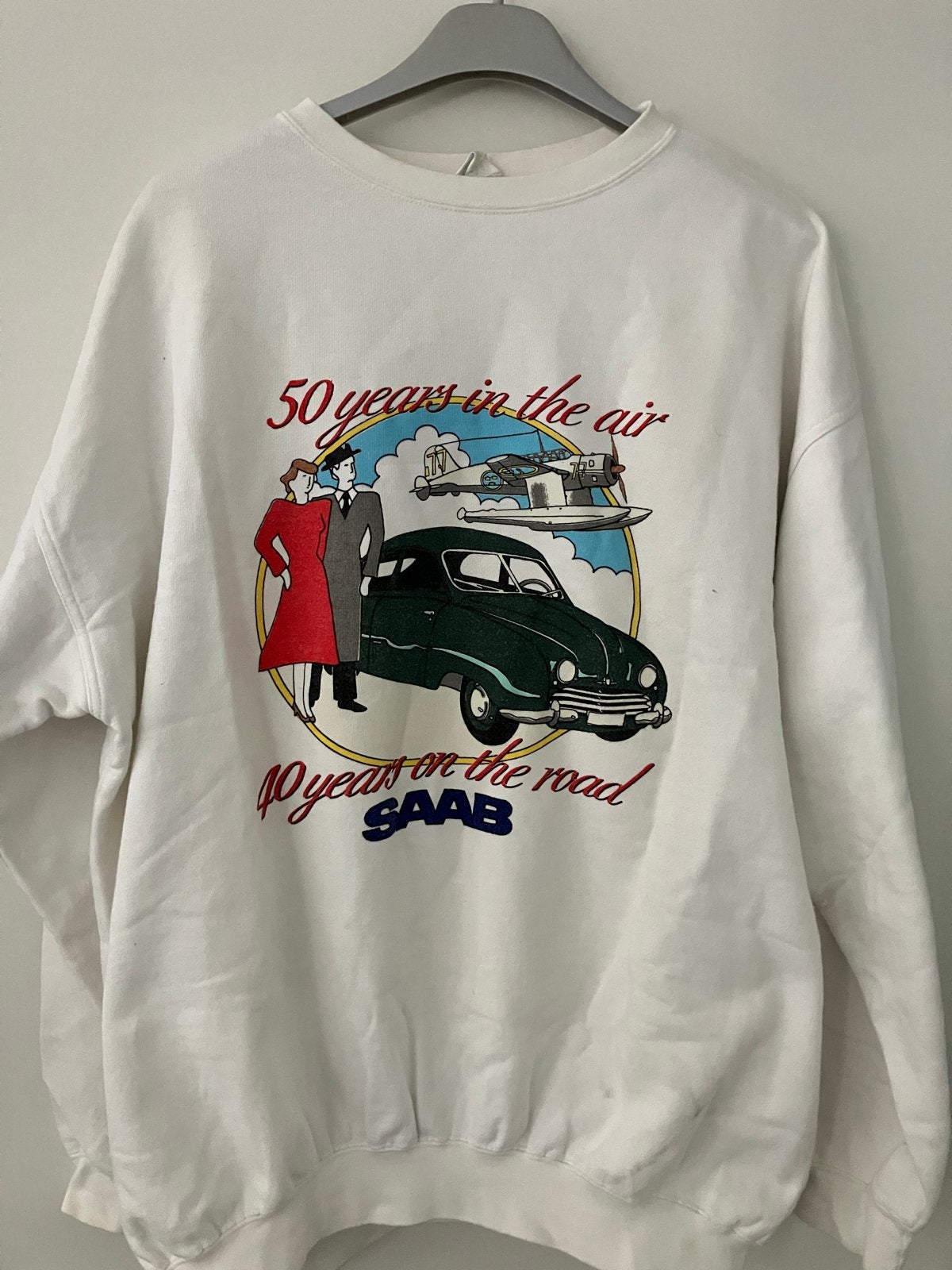 Vintage Saab trui XL - 50 years in the air, 40 years on the, Ophalen, Gedragen, Maat 56/58 (XL), Wit
