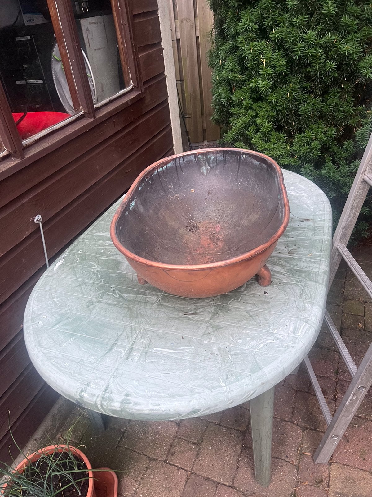 Koperen bloembakken, Tuin en Terras, Bloembakken en Plantenbakken, Ophalen, Minder dan 30 cm, Rond, Zo goed als nieuw