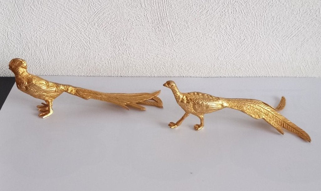 2 Vintage goudkleurige fazanten (haantje &n hennetje), Ophalen of Verzenden