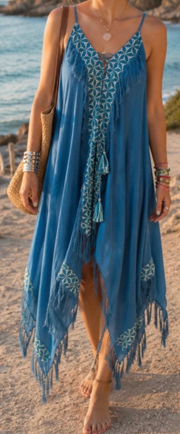 Boho Ibiza jurk , one size, Blauw, Maat 42/44 (L), Ophalen of Verzenden, Knielengte