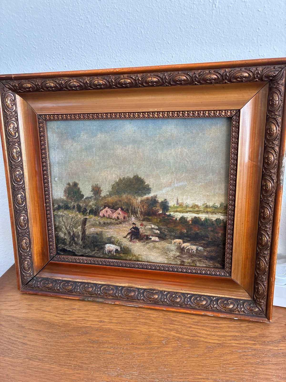 Antiek schilderij uit 1880, landschap met schapen, Ophalen