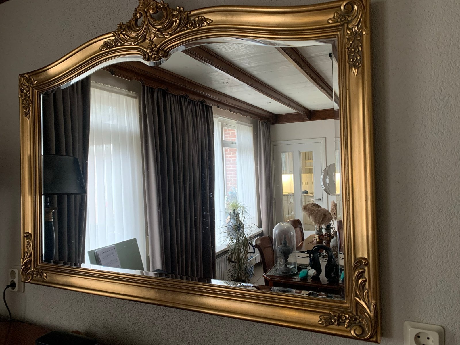 Grote gouden spiegel met sierlijke lijstvan het merk deknudt, Huis en Inrichting, Ophalen, 125 cm of meer, Zo goed als nieuw, Minder dan 100 cm
