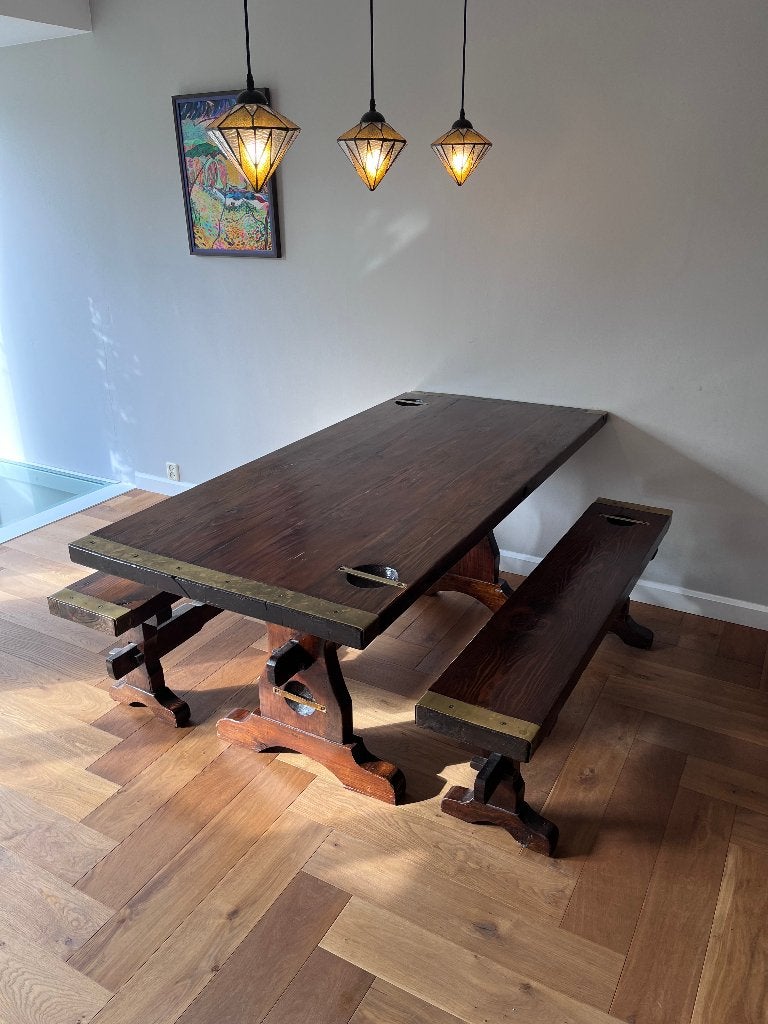 Eettafel + 2 banken massief hout, Liberty Ship 182cm, Gebruikt, Eikenhout, 150 tot 200 cm, Vier personen