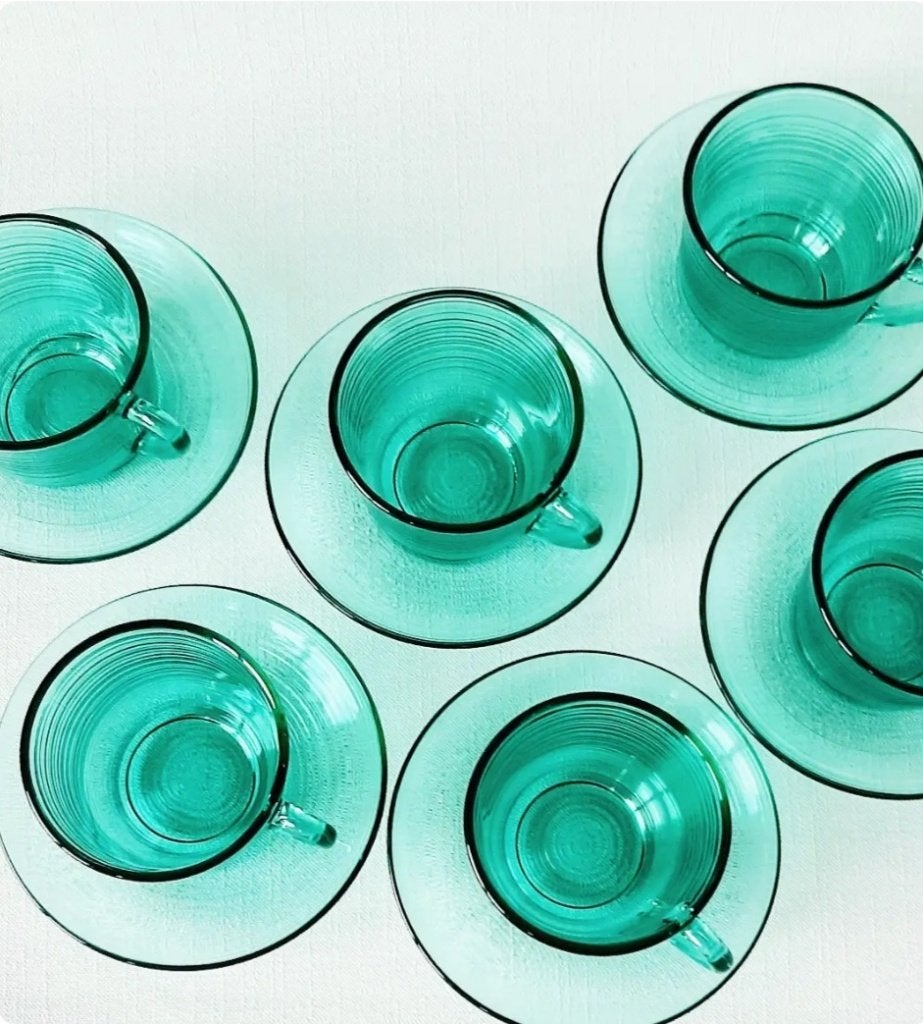 6 turquoise glazen kop en schotels Arcoroc (Jardinière)., Huis en Inrichting, Gebruikt, Overige merken, Vintage, Ophalen of Verzenden