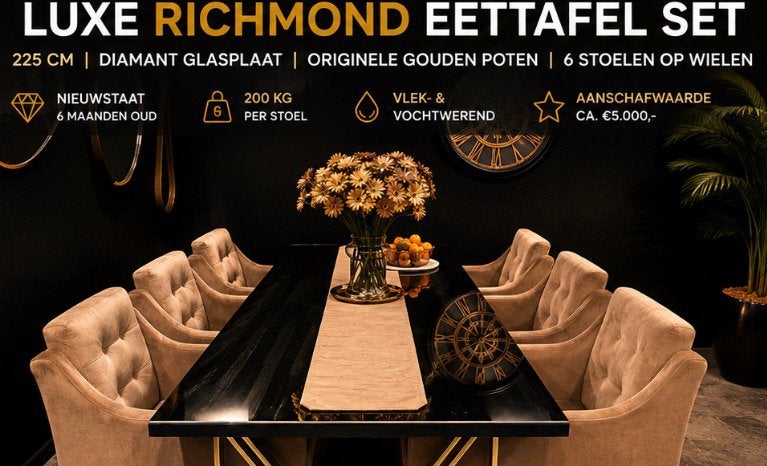 LUXE RICHMOND EETTAFEL +6 ORTOP HANDGEMAAKTE STOEL ZGAN |, Huis en Inrichting, Ophalen