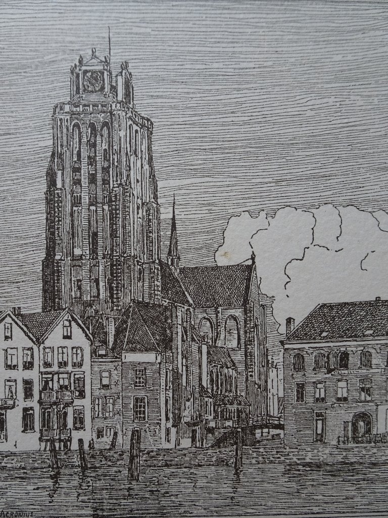 Ets gezicht op grote kerk Dordrecht, GM Acronius 1892, 16/50, Antiek en Kunst, Kunst | Etsen en Gravures, 1800 - 1899, Stadsgezicht