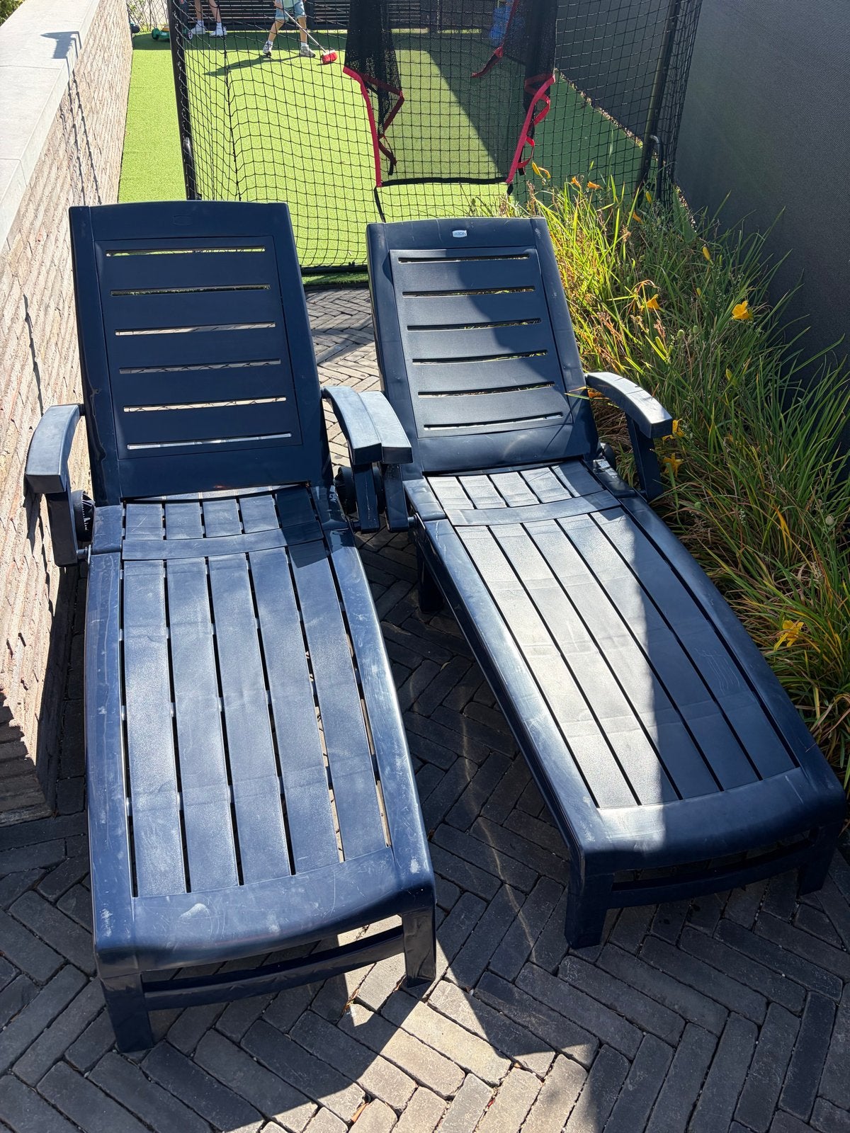 2x Jardin opklapbare ligbedden - donkerblauw, Ophalen, Gebruikt, Kunststof, Inklapbaar