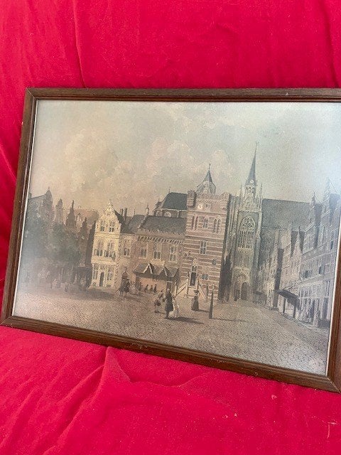 Goes Grote Markt Zeeland stadsgezicht ca. 1750 met lijst, Antiek en Kunst, Kunst | Etsen en Gravures, Ingelijst, Stadsgezicht
