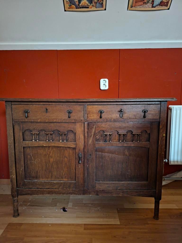 Vintage oude eiken kast met houtsnijwerk - 120x50x90 cm, Ophalen of Verzenden