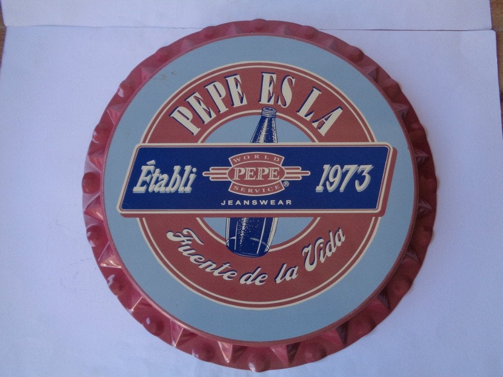Oud rond blikken Reclame Bord "pepe esla, jeanswear 1973, Verzamelen, Merken en Reclamevoorwerpen, Ophalen of Verzenden, Gebruikt