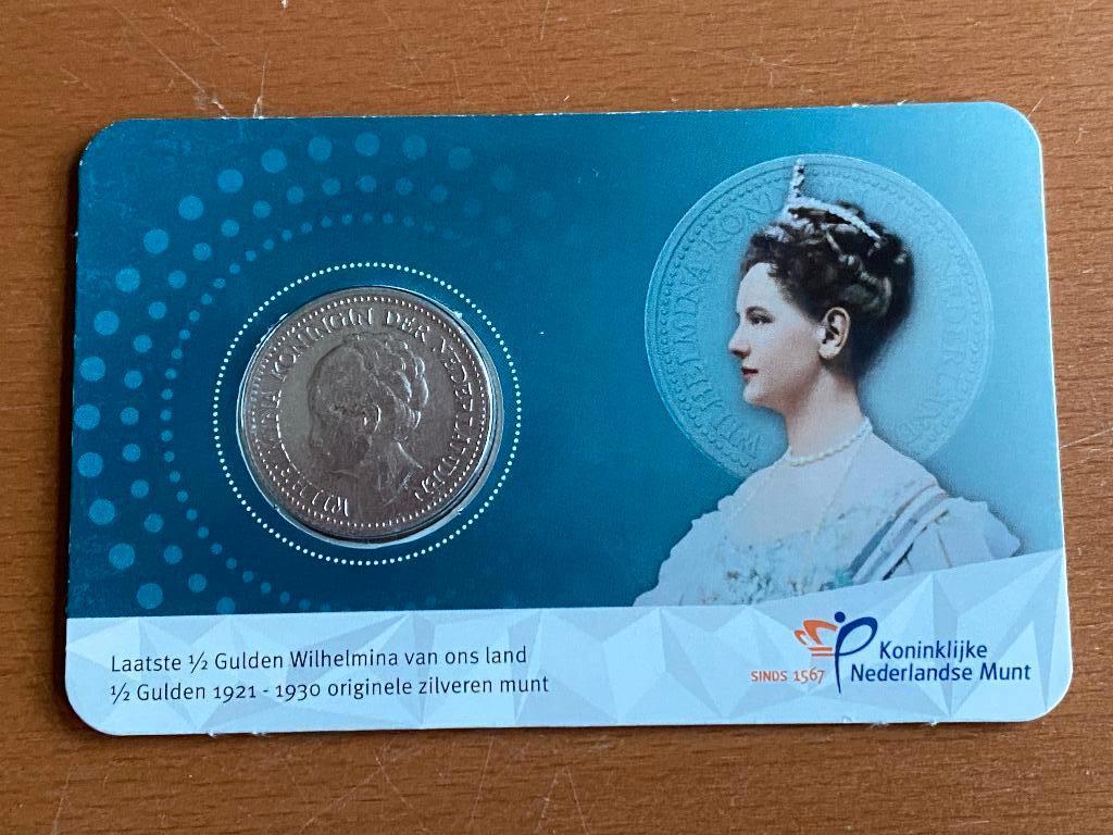Laatste 1/2 gulden Wilhelmina in coincard 1929a, 1 gulden, Zilver, Ophalen of Verzenden, Koningin Wilhelmina