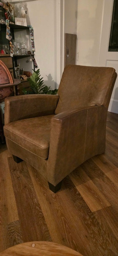 Leren 2-zitsbank en 2 fauteuils bruin, Ophalen, Gebruikt, Driepersoons, Rechte bank