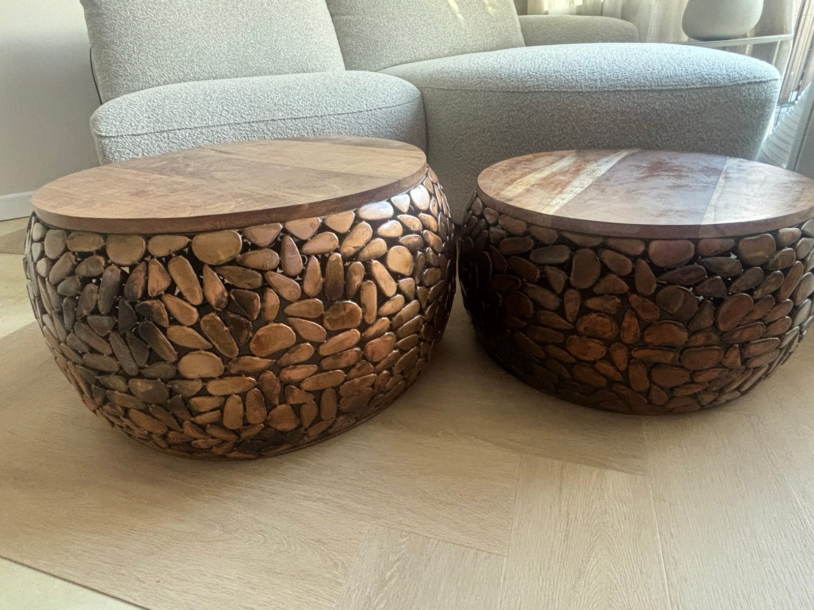 Salontafel 2-delig Stone Mosaic Rond Koper Massief Acacia, Huis en Inrichting, Tafels | Salontafels, Ophalen, Rond, Nieuw, 50 tot 100 cm