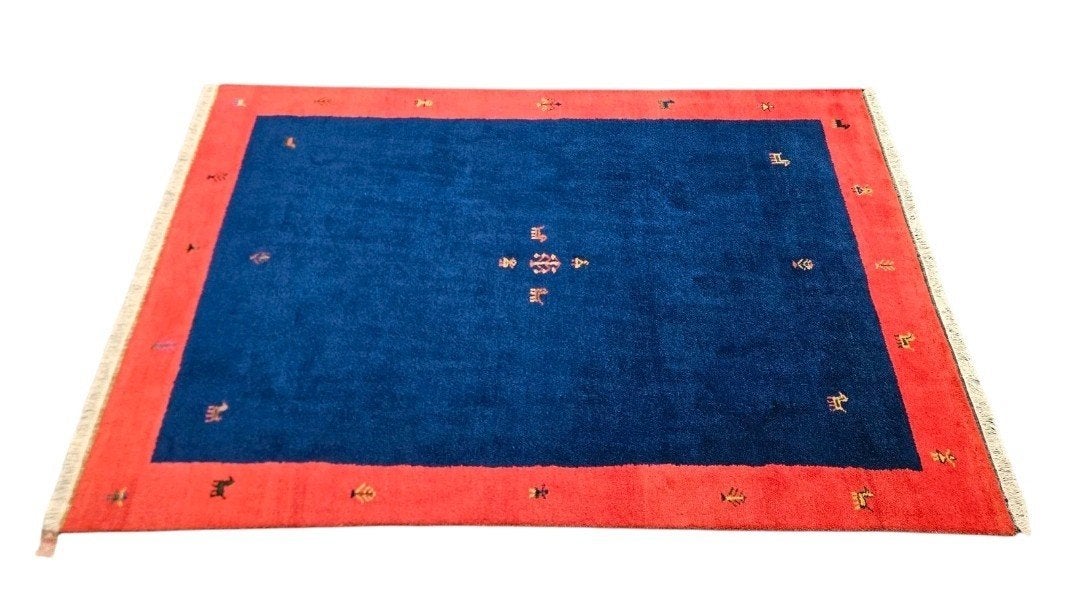 Handgeknoopt oosters wol Gabbeh red blue India 193x298cm, ., India, 200 cm of meer, Rechthoekig