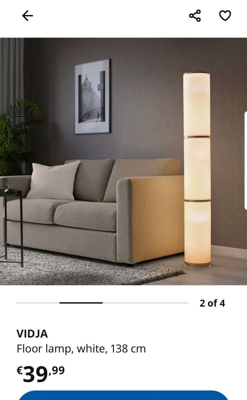IKEA VIDJA vloerlamp, wit, 138 cm, Huis en Inrichting, Ophalen, Gebruikt, Modern, Scandinavisch, 100 tot 150 cm