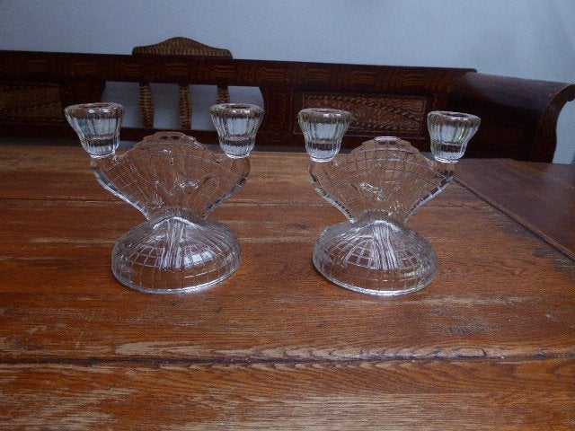 2 art nouveau persglazen kandelaars voor 2 kaarsen, Ophalen of Verzenden, Koper of Brons