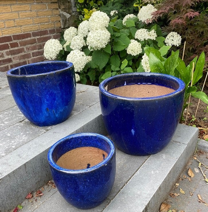 TUINPOTTEN BLUE GEGLAZUURD 3 DLG SET NIEUW, -, -, Rond, Nieuw