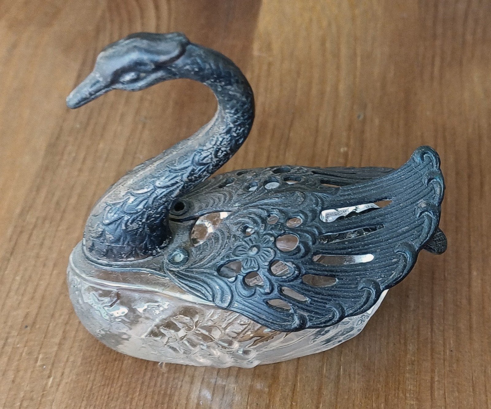 Antiek zwaanzoutvatje met zilveren lepeltje 800, Ophalen, Zilver