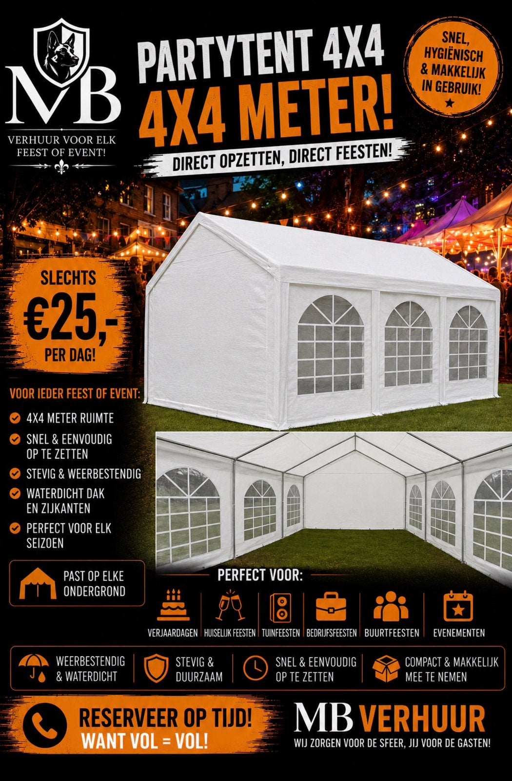 ️ Partytent 4x4 Huren  Slechts €25,- per dag!, Drie personen of meer