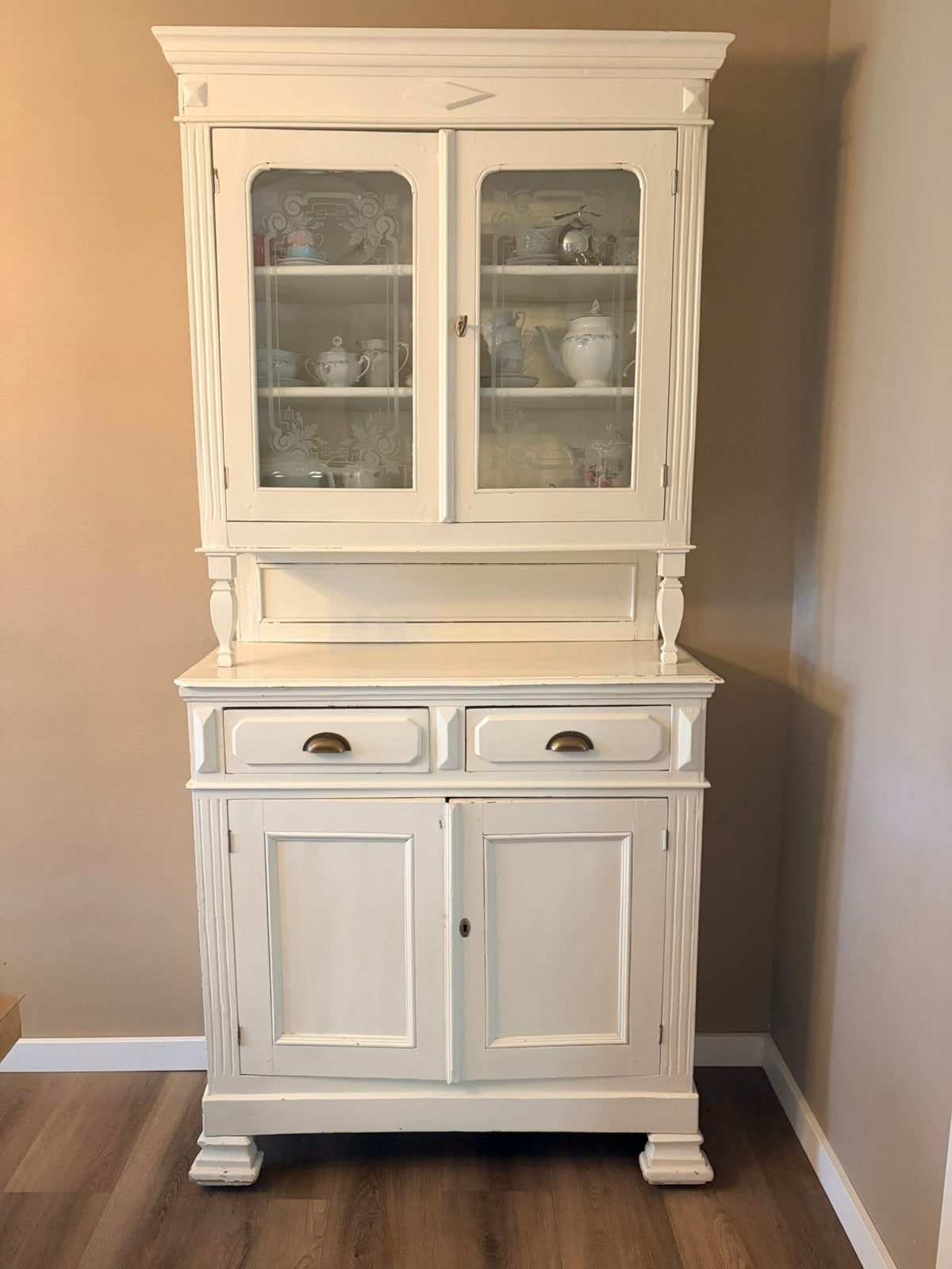 Antieke brocante buffetkast met geëtst glas, Ophalen, Gebruikt, 100 tot 150 cm, 200 cm of meer