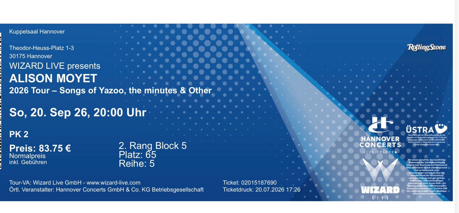 Tickets Alison Moyet in Hannover 20 september, Twee personen, September