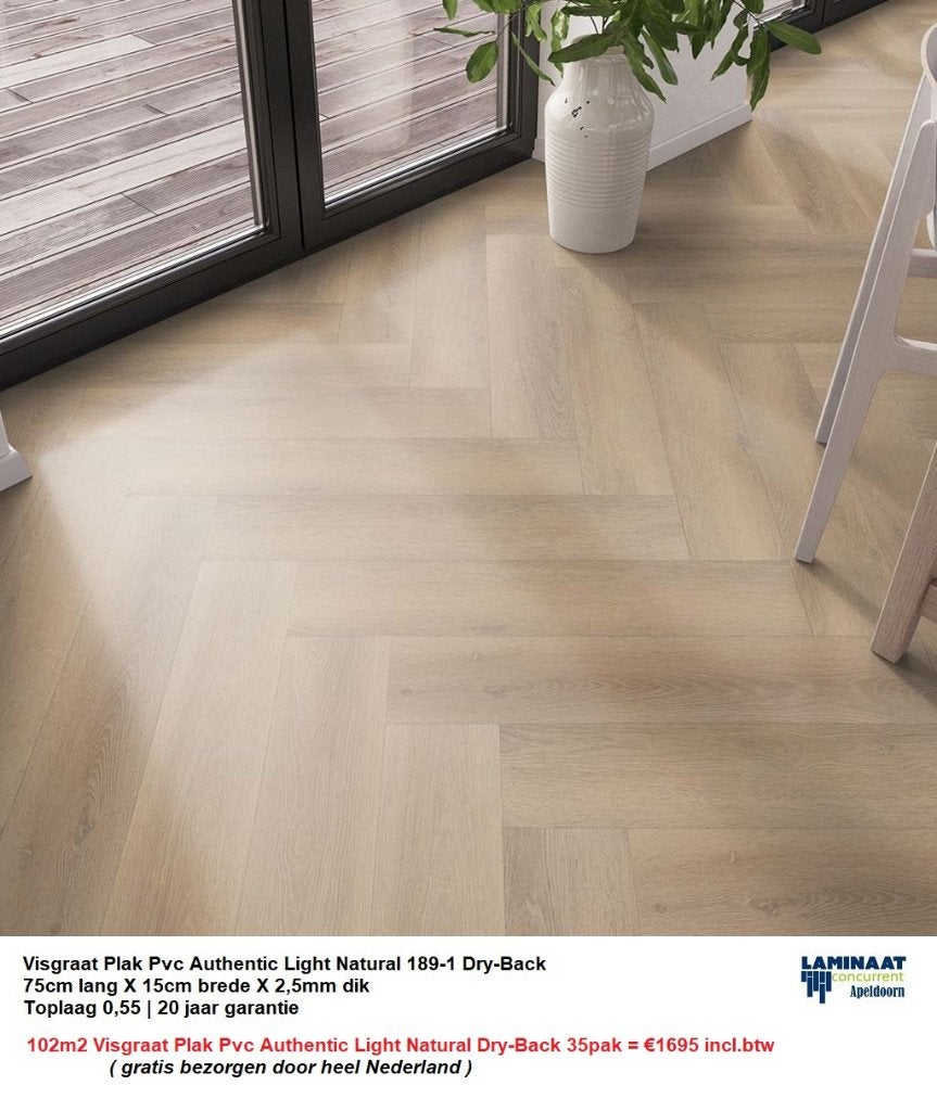 102m2 Visgraat Plak Pvc Light Natural Dry-Back 35pak = €1695, 75 m² of meer, Nieuw, Ophalen of Verzenden, Plak Pvc visgraat natuur eiken Dry-back