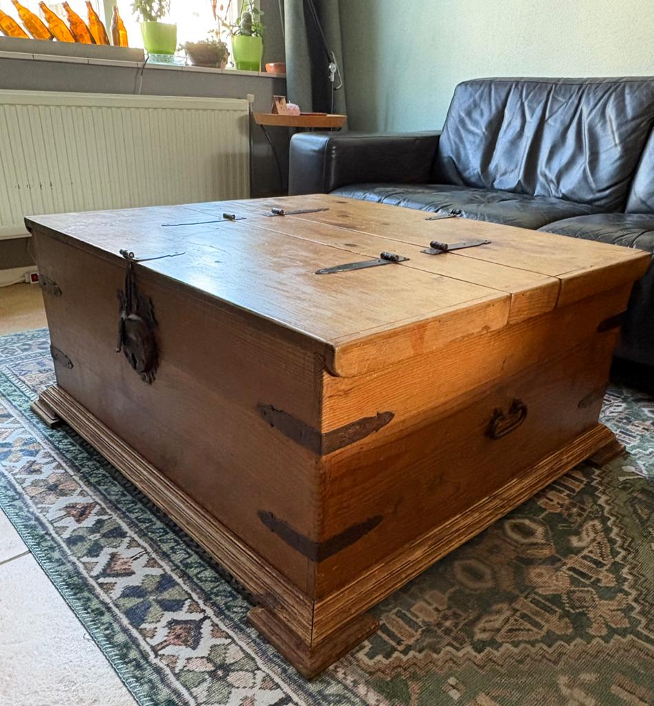 Massief houten (opberg) kist / salontafel, Ophalen, Gebruikt, 50 tot 100 cm, Teakhout